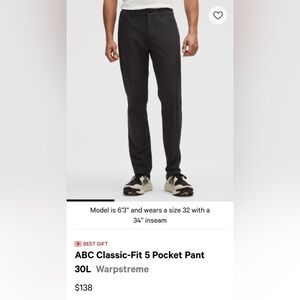 lululemon athletica Men's Black ABC 5 Pocket Classic Fit 38 Waist x 27 Length
